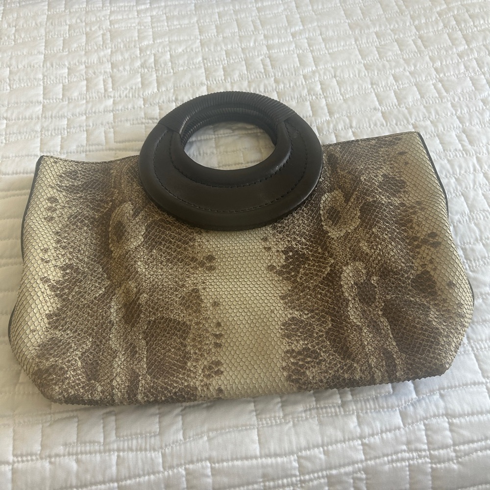 Donald J. Pliner Brown and Cream Snakeskin Clutch